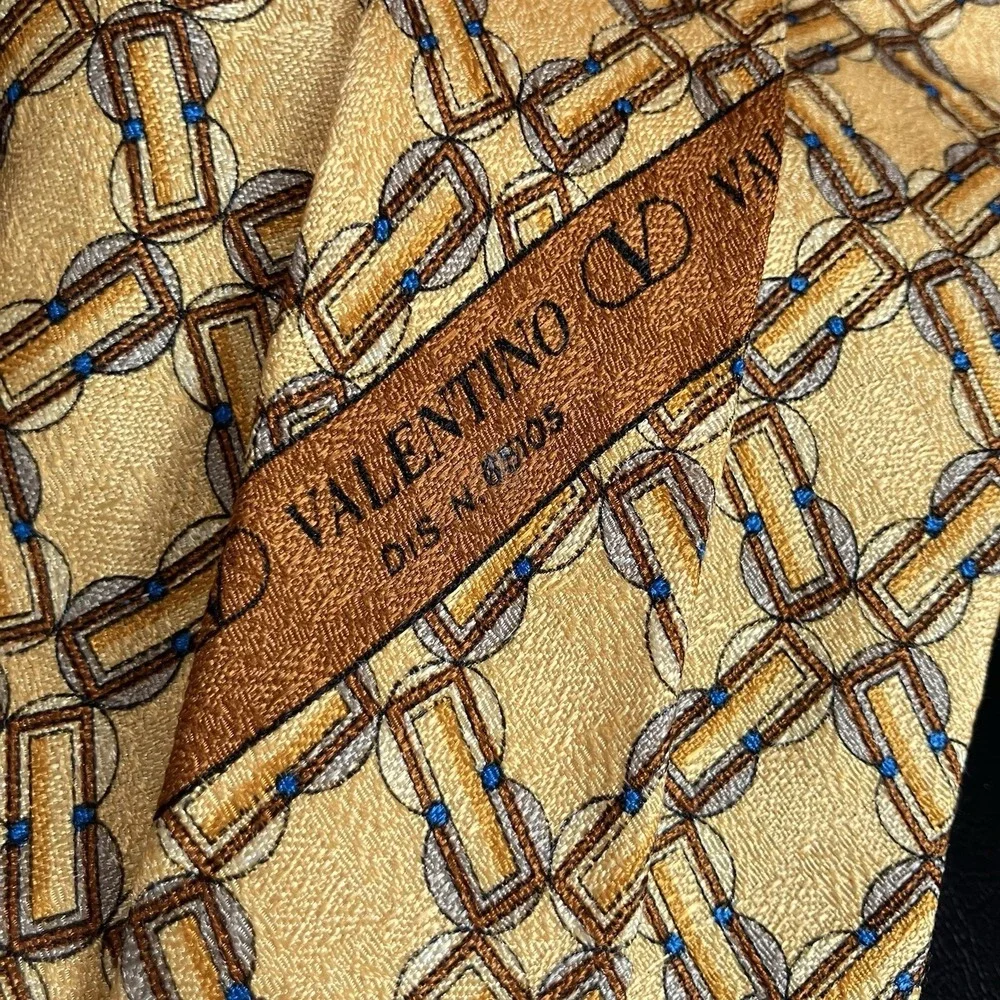 Valentino Cravatte Silk Necktie Gold Brown Blue Chain Link Geometric Made Italy